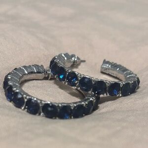 Elegant Silver Hoop Earrings with Blue Stones
